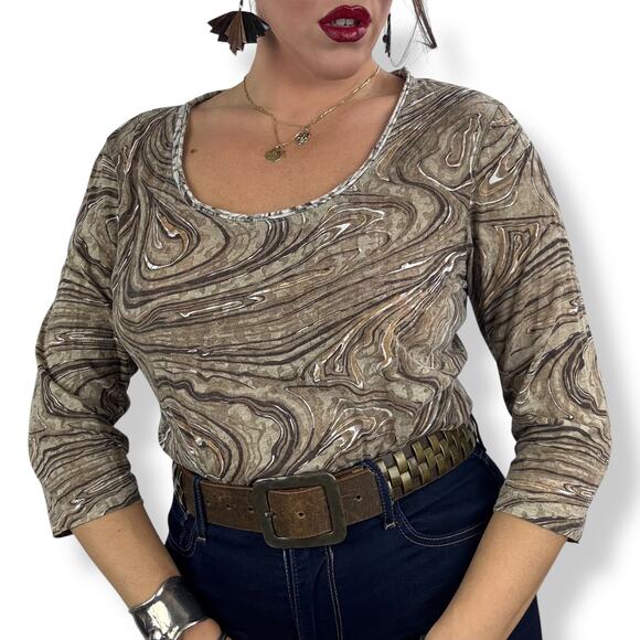 90's tan trippy swirl camo cotton blend scoop neck semi sheer blouse by FRESH - Picture 16 of 16